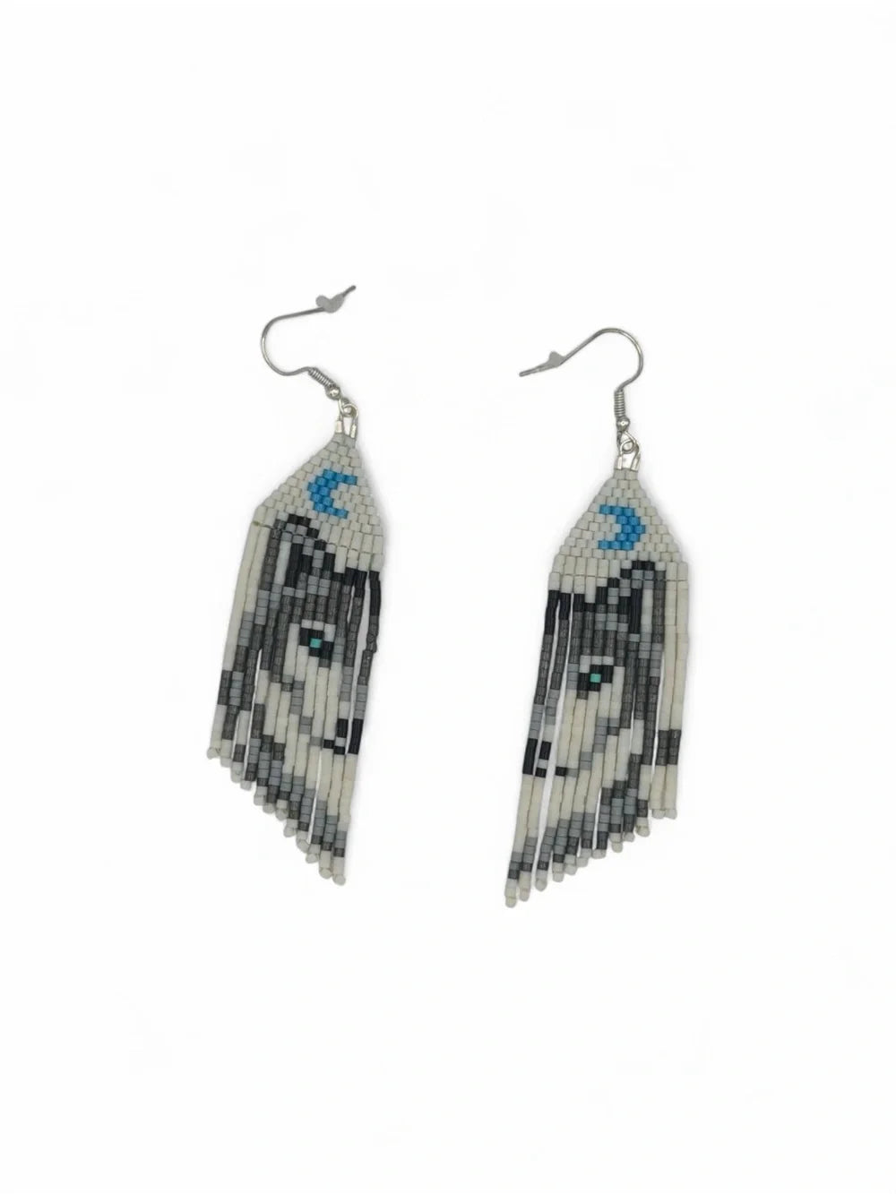 Wolves Beaded Fringe Earrings with Blue Crescent