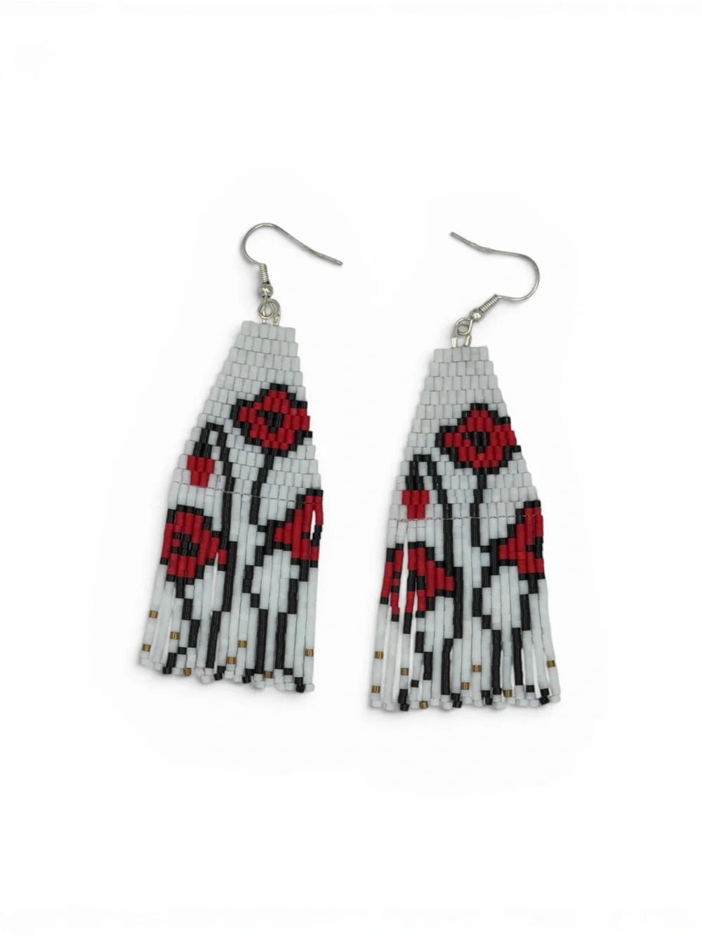 Red Poppy Beaded Fringe Handmade Earrings